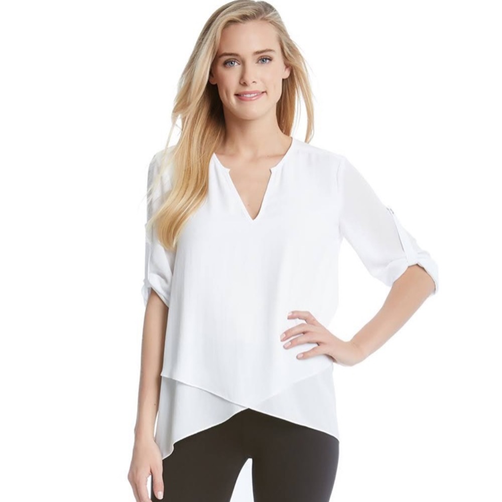 Karen Kane V Neck Top Large Roll Up Tab Sleeves